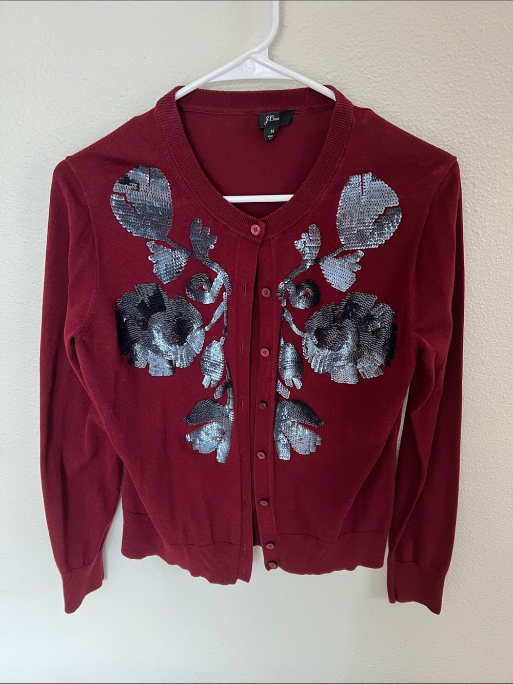 J. Crew Red Cardigan with Blue Sequin Floral Embellishment